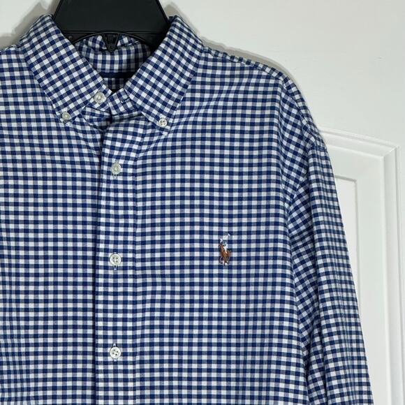 Ralph Lauren Mens Classic Fit Gingham Oxford L/S Royal Blue w multi Flesh Pony M - Picture 1 of 9